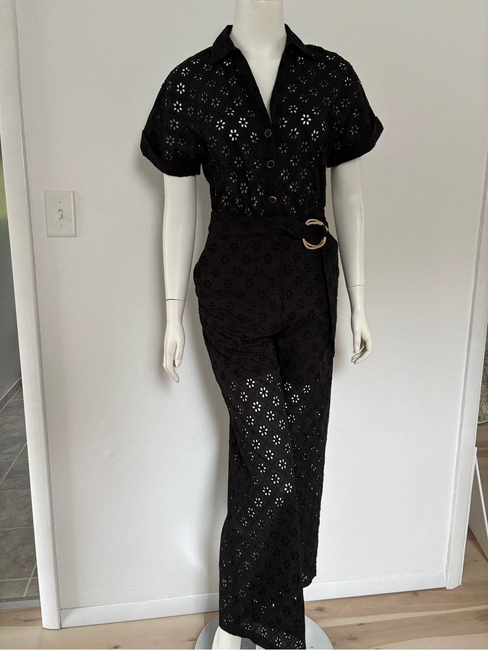 Zara Black Eyelet Short-Sleeve Jumpsuit with Belted Waist